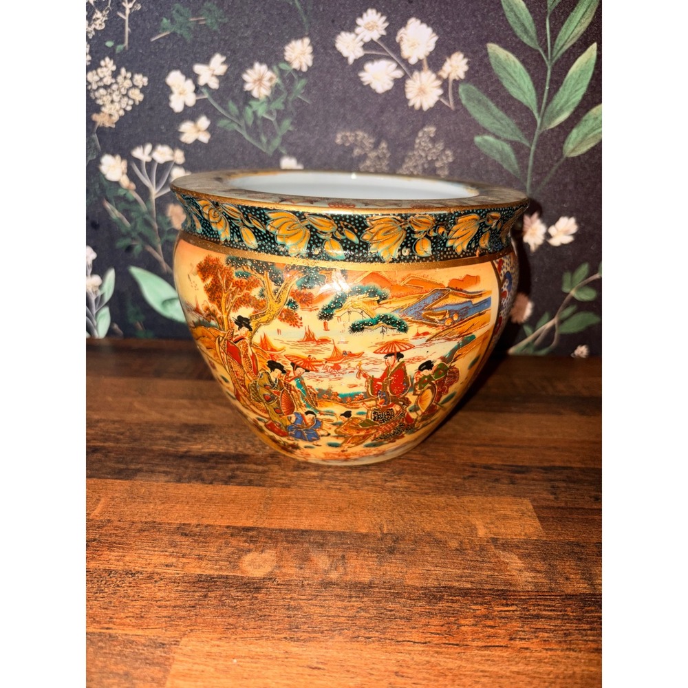 Vintage Japanese Satsuma Porcelain Fishbowl Planter Geisha Moriage 6 Inch